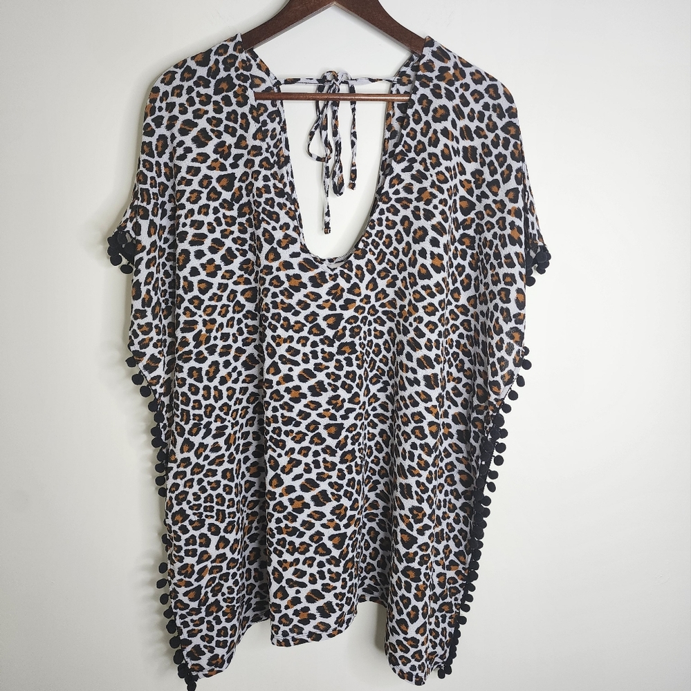 Womens Xhilaration Leopard Print Tie Back Flowy Pom Pom Detail Swim Cover-up MED